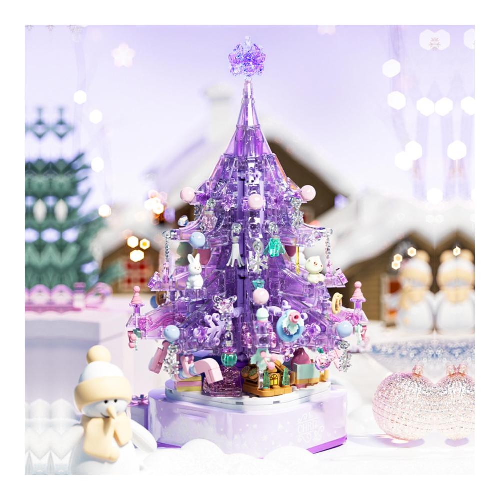 Erstaunliche Lila Kristall Weihnachtsbaum Spieluhr Bausatz mit 729 Stücken DIY Montage Absolut Rotierendes Modell Weihnachtliches Bausteinspielset für Festliche Freude