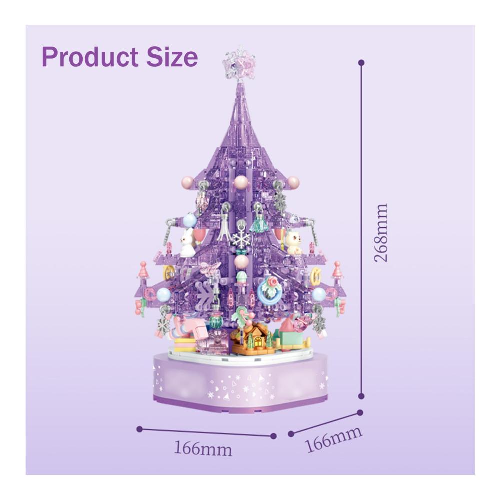 Erstaunliche Lila Kristall Weihnachtsbaum Spieluhr Bausatz mit 729 Stücken DIY Montage Absolut Rotierendes Modell Weihnachtliches Bausteinspielset für Festliche Freude