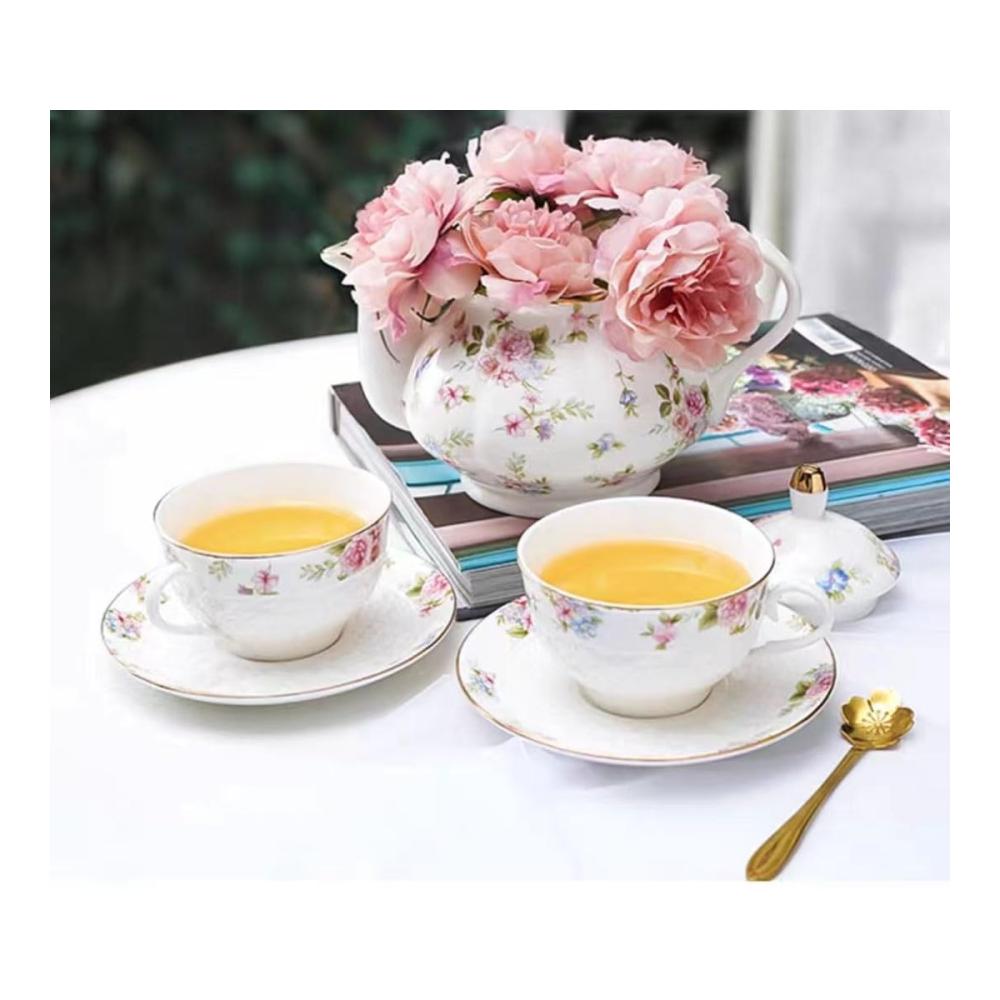 Keramik Kaffeetassen Set – Englische Teetasse & Untertassen-Löffel – Hochwertige Haushalts Kaffeetasse – Porzellan mit idealem Fassungsvermögen für den perfekten M