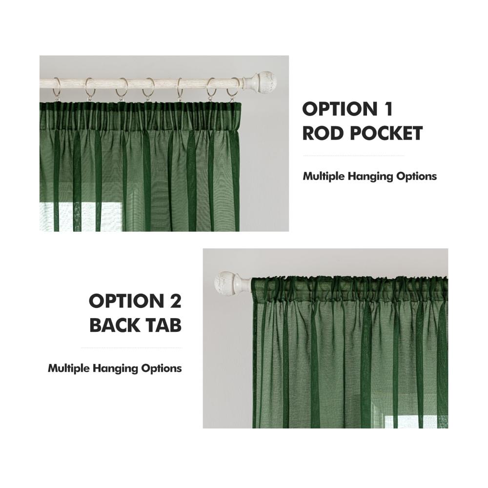 2er Set Gardinenschals Dunkelgrün 140x145 cm | Sheer Voile Vorhänge für Wohnzimmer und Schlafzimmer | Transparente Gardinen mit Kräuselband und Ösen | Stilvolle Fensterdekoration