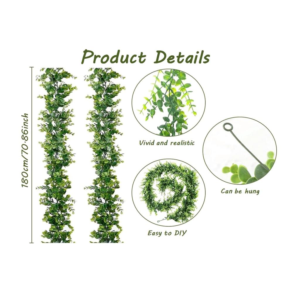 2er Set Kunststoff Eukalyptus Pflanzen - Hängende Rebe & Girlande für Hochzeit Garten Küche & Büro Dekoration - Inklusive 2 Haken