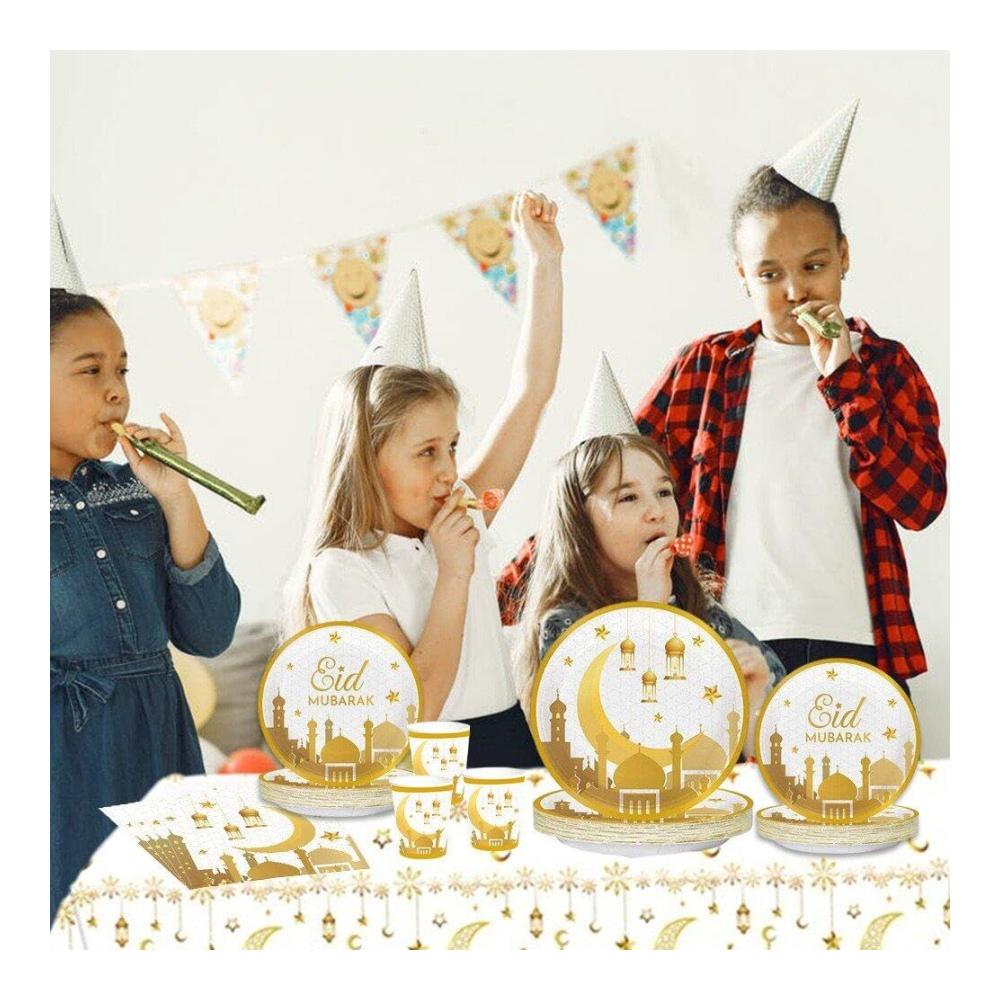 Entdecken Sie exquisite Teller 8-teiliges Mubarak Tableware Party-Set mit 49 Stück Papiergeschirr für die perfekte Eid-Zeremonie. Stilvolle Papierplatten Servietten und Pappbecher für unvergessliche Feierlichkeiten! Hochwertiges Design für Ihre festlichen Bedürfnisse