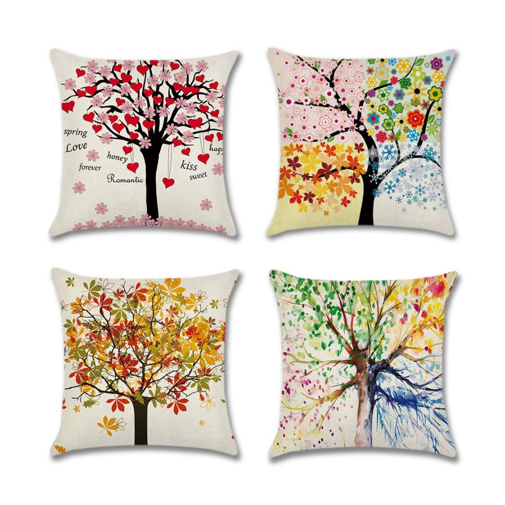 Bunter Baum des Lebens 4er-Set Zierkissenbezüge 45x45cm - Dekorative Polyester-Leinen Kissenhüllen für Sofa Auto Schlafzimmer - Dekokissen & -hüllen für stilvolles Zuhause