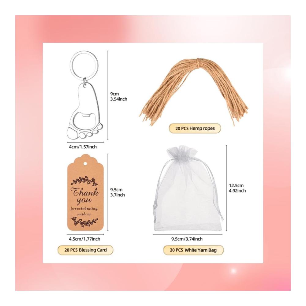 Entdecken Sie den Charme von 20 niedlichen Babyfüßen Flaschenöffnern - Perfekte Schlüsselanhänger Flaschenöffner für Ihre Babyparty-Gäste! Einzigartige Baby-Dusche Andenken inklusive hübscher Organza-Beutel und Tags. Machen Sie Ihre Feier unvergesslich mit diesen entzückenden Babyfüßen Metall Schlüsselanhängern