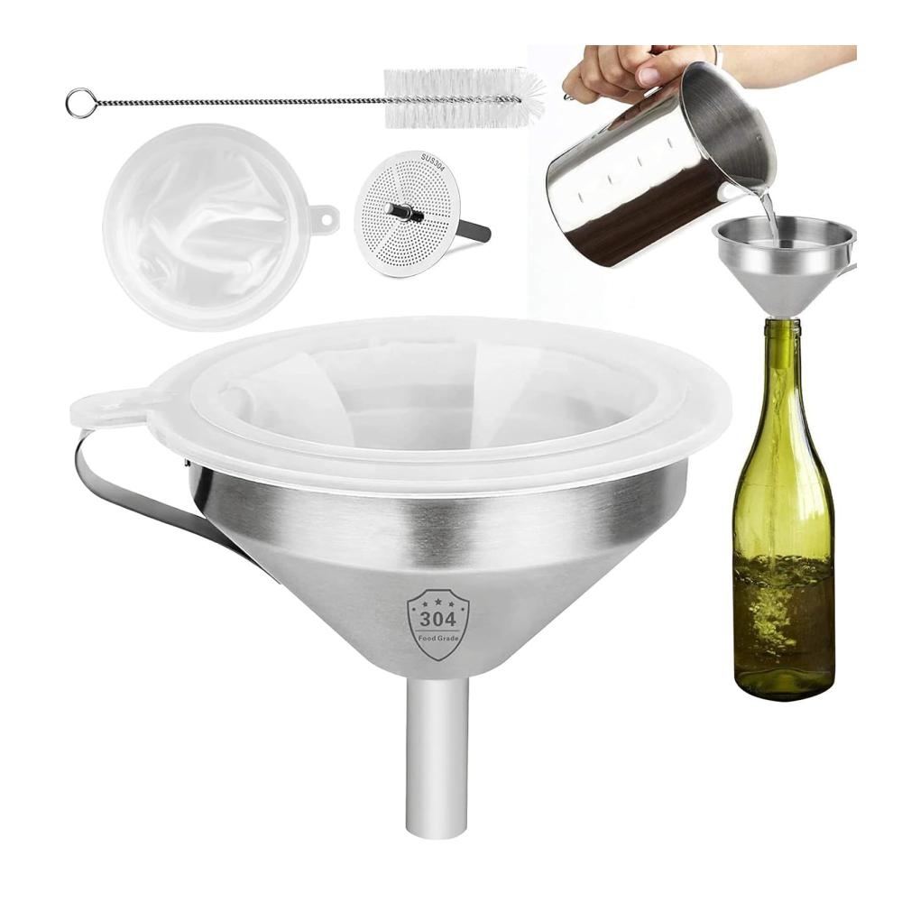 Premium Fettsiebtrichter Set - 4-teiliges Füllflaschen-Trichter-Kit | Abnehmbarer 200-Mesh-Filter in Lebensmittelqualität | Mit Griff und Reinigungsbürste - Perfekt für sauberes und m