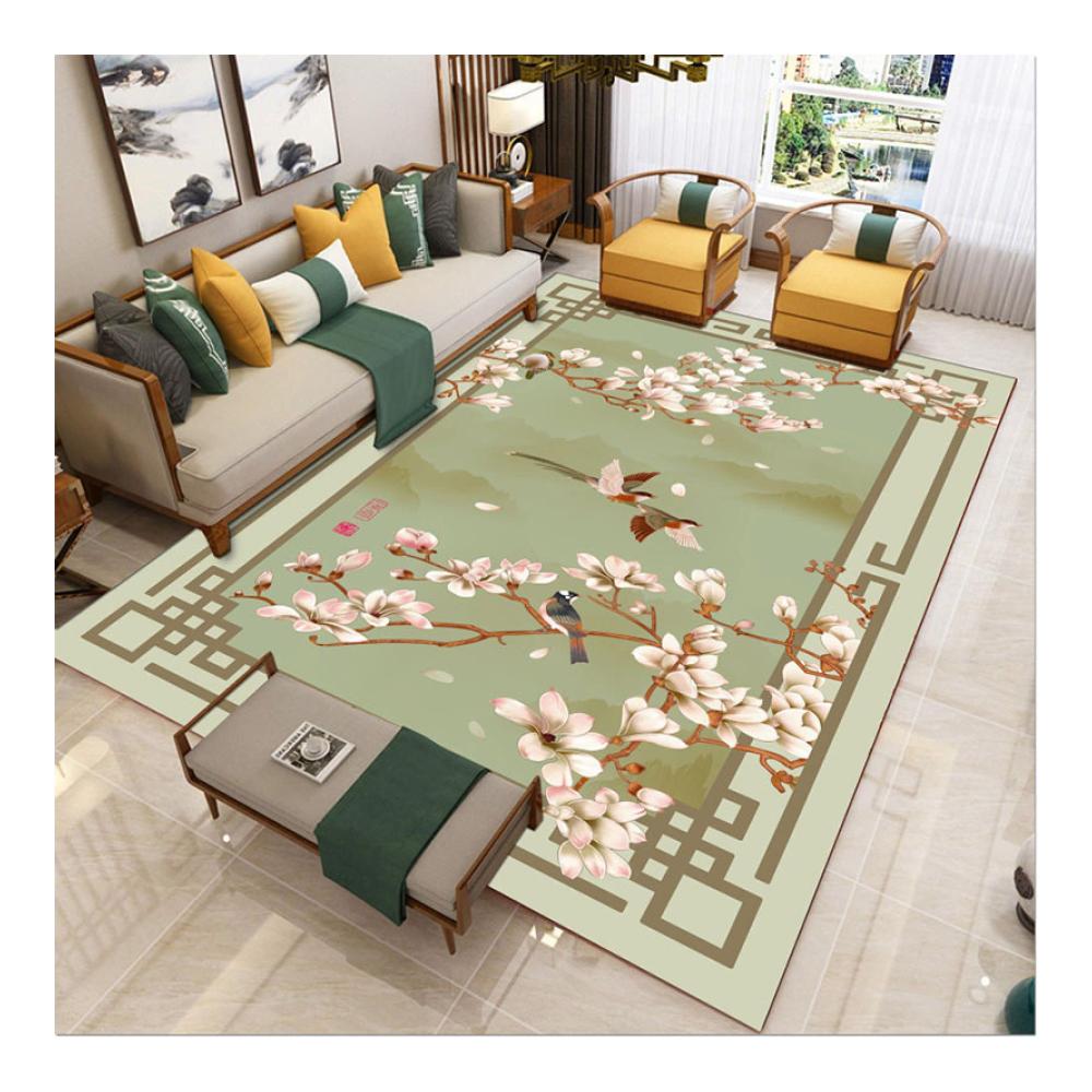 Bunter Karo Design Kurzflor Teppich Läufer 200x250cm für Flur & Wohnzimmer – Rutschfest mit Blumen- und Vogelmotiven - Frischer Look für Ihr Zuhause