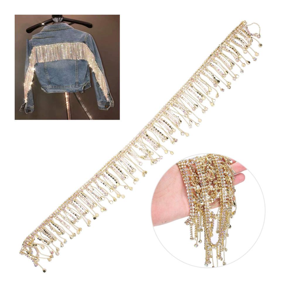 Elegante Strass-Borten mit Beads Hochwertige Fransen-Applikation für Brautkleider Taschen & mehr – Glamouröse Kristall-Dekoration in Goldton