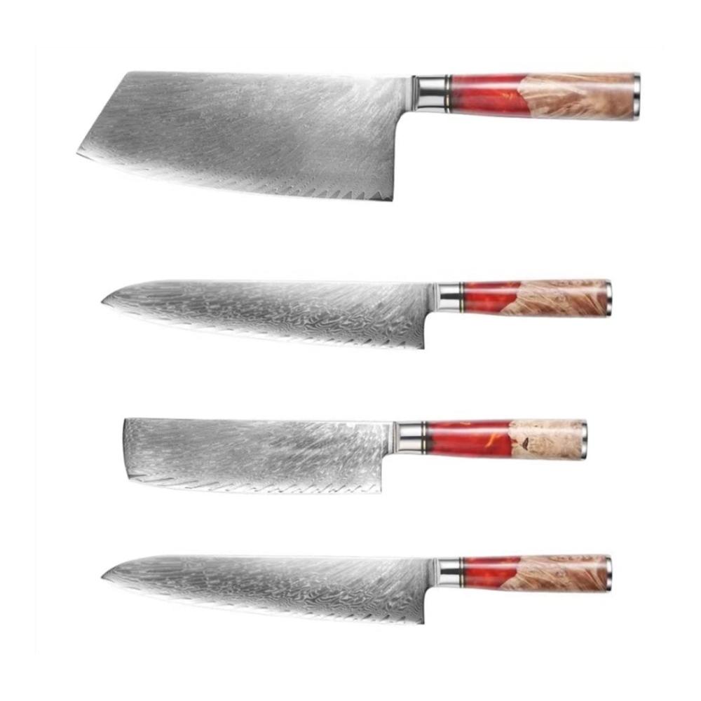 Hochwertiges 8-teiliges Küchenmesserset mit Damaskus-Klingen und Holz-Harz-Griffen - Profi Kochmesser für Chef Santoku Schälmesser und mehr