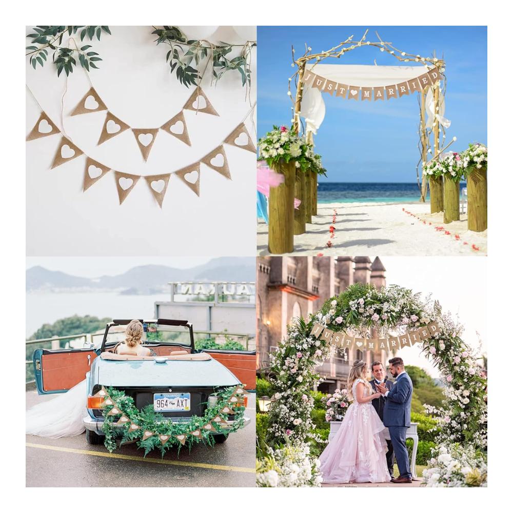Dekorative Jute Wimpelkette für Hochzeitszeremonie und Fotohintergründe - Vintage Just Married Girlande mit Herzdesign für unvergessliche Momente und romantische Akzente