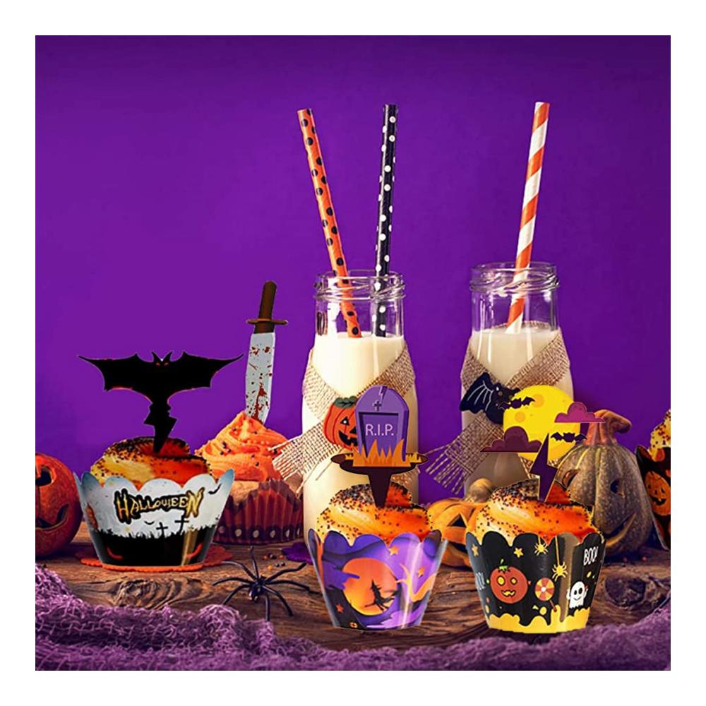 48 Stück Einweg-Backbecher Halloween Cupcake Dekoration Kürbis Spinne Schädel Zauberer Muffin | Handgefertigte DIY Zahnstocher Flaggen für gruselige
