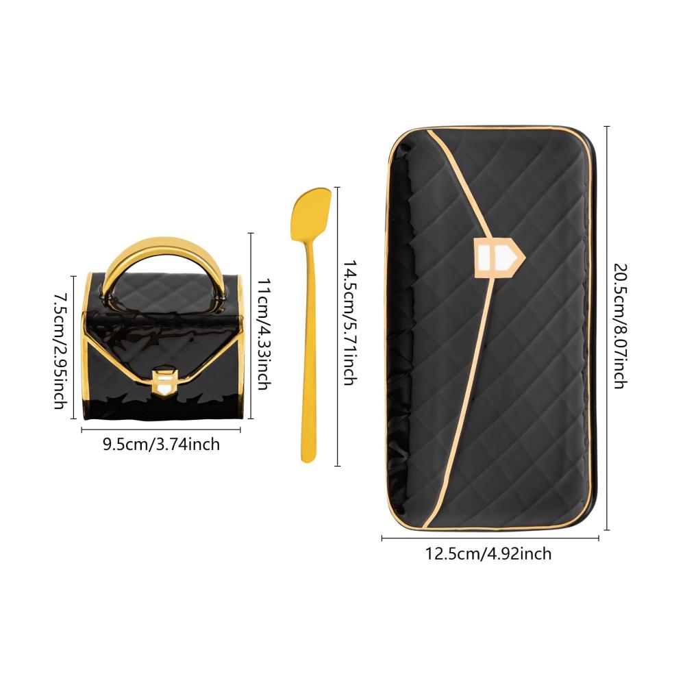 Luxus Cappuccino Tassen Untertassen Set mit Löffel - 310ml Handtasche Design Porzellan & Keramik für Kaffee & Tee Schwarz & Gold