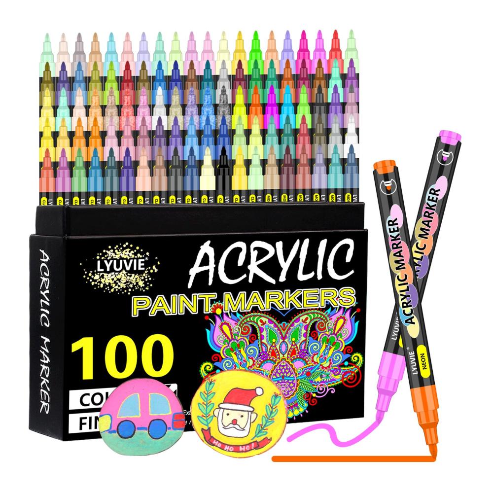 Lyuvie Acrylstifte Set - 100 Farben | Wasserfest & Extra Feine Spitze | Für Steine Glas Holz Metall Keramik | Perfekte Marker & Filzstifte für Rock Painting und mehr