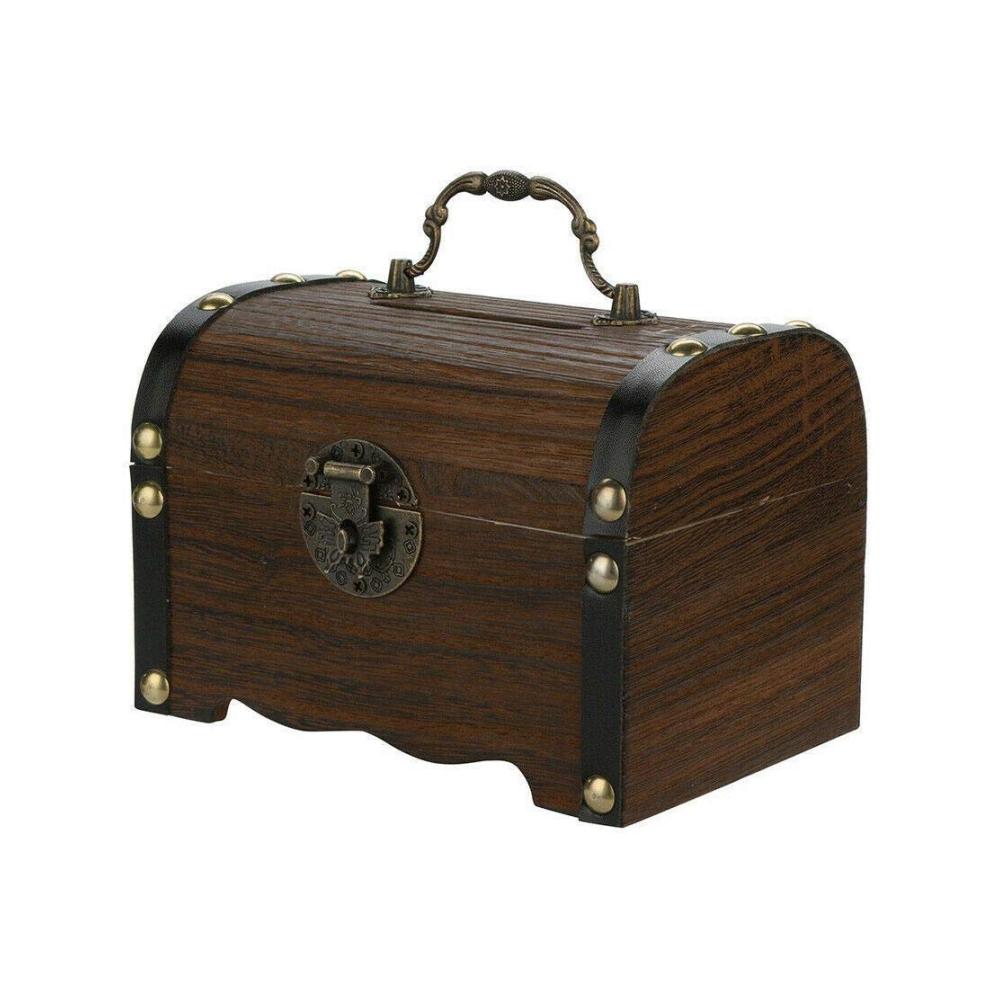 Vintage Spardose aus Holz - Schatztruhe mit Schloss - Münzgeld-Aufbewahrungskoffer - Sichere Münzsparbank - Heimdekoration & Geschenke - Braun