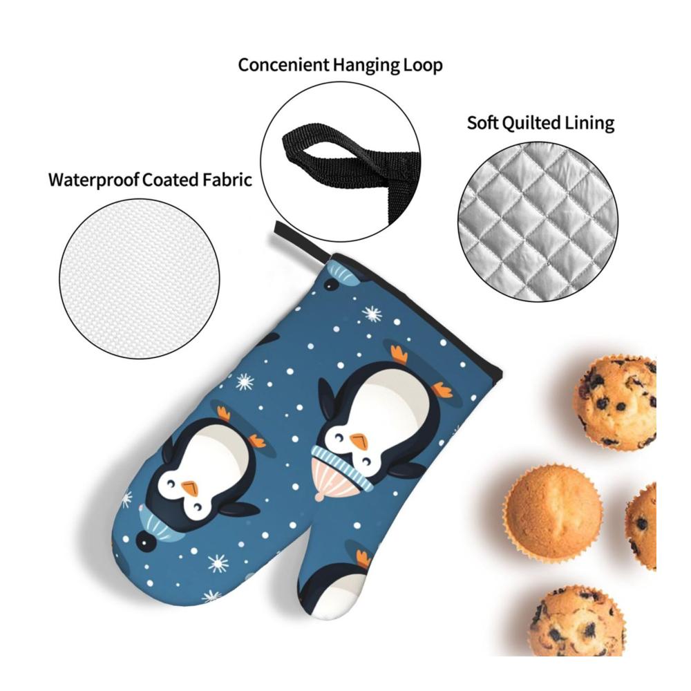 Kuschelige Ofenhandschuhe mit niedlichem Pinguin & Schneeflocken Design | Wasserdichtes Set mit 3 Handschuhen für Backen Grillen & Mikrowelle | Hitzebeständige Küchenhandschuhe für maximalen Schutz