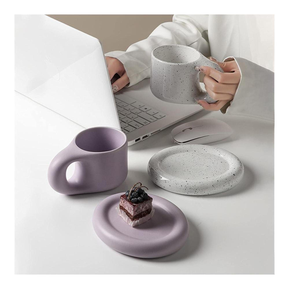 Keramik Tassen- & Untertassensets Kreative Handarbeit mit Fettgriff | Personalisierte 300ml Tasse für Kaffee Tee Milch & Kuchen | Ovaler Teller inklusive