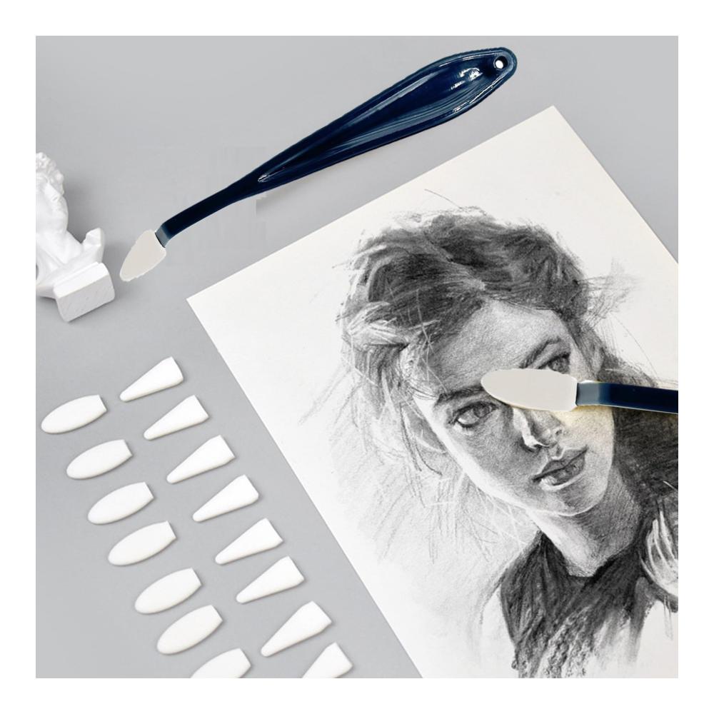 Malmesser Set - 4 Stück mit Schwammköpfen und 40 Ersatzköpfen | Präzise Palette Messer für Künstler | Ideal zum Malen und Skizzieren | Premium Skizzenpapierwischer inklusive (Blau
