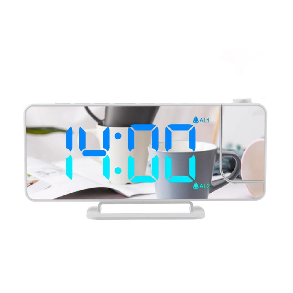 Erweiterter Projektionswecker 18 cm (73 Zoll) LED-Spiegelbildschirm 180° drehbar USB-Port Schlummerfunktion 6 Helligkeitsstufen. Moderne Digitaluhr für den Nach