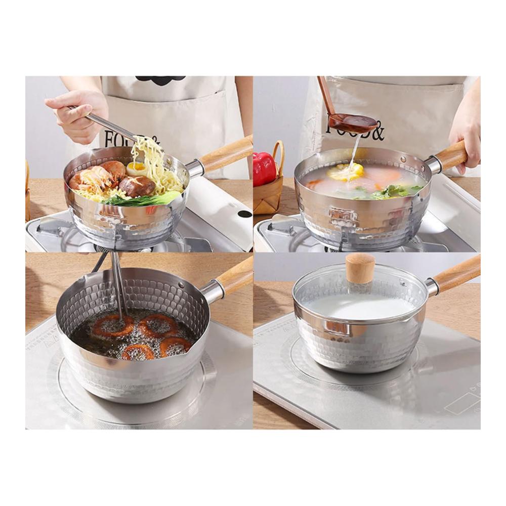 Entdecken Sie die Eleganz der Küche Premium Edelstahl-Kasserolle mit Deckel und extralangem Griff – Japanisches Hammermuster für perfekte Köstlichkeiten! Vielseitiger Milchtopf robust für Suppen und Aufläufe. Ein Must-Have für Ihre