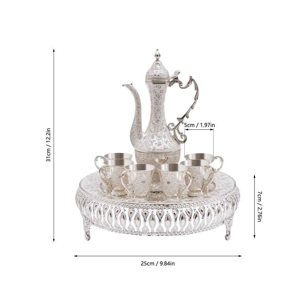 Exklusives Türkische Kaffeekanne & Teeset - Vintage Design mit Tablett und 6 Teegläsern | Edles Türkisches Teeset - Perfekt für Home Tea Party | Ornamentierte Teekanne in Silber für Genussmomente