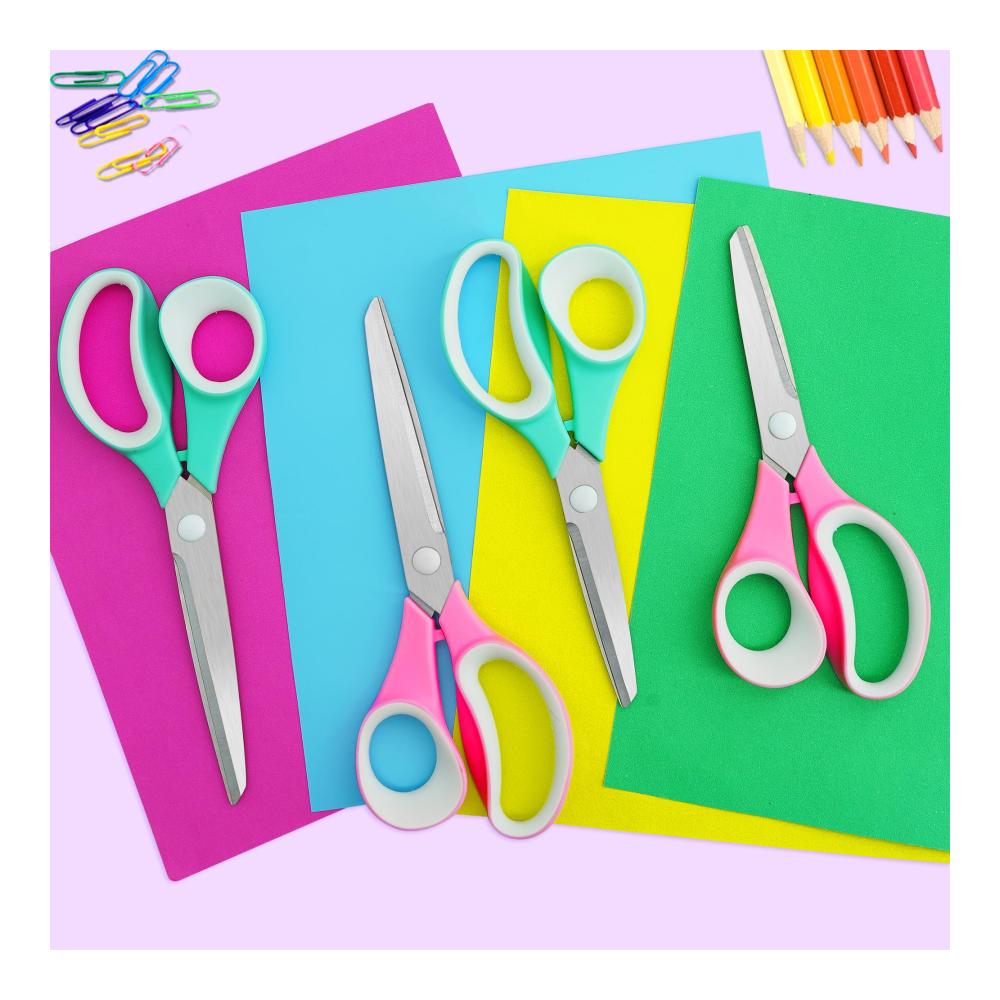 Hochwertiges Scheren-Set 4 Bastelscheren für Erwachsene | Scharfe Klingen Komfortgriffe | Ideal für Schule Büro und Alltag | 205/18cm | Hellgrün/Hellrosa