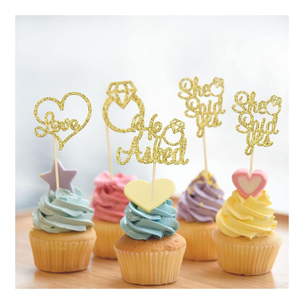 Tortendekorationssets Goldene Cupcake-Topper mit He Asked She Said Yes Aufschrift für Hochzeit Verlobung und Partys - 24 Stück Glitzer Diamant Ring Herz Liebe