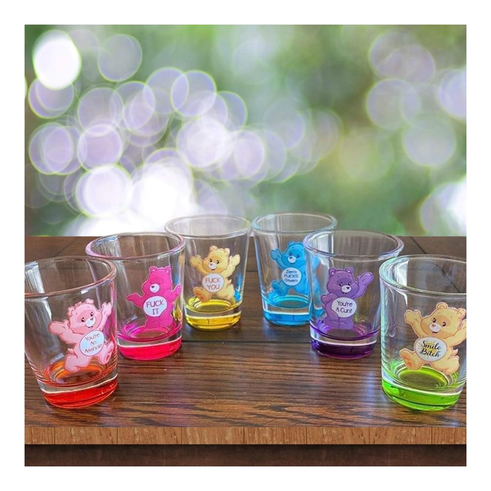 Mini Schnapsgläser Set 6 Bärenmotive | Isolierte Shotgläser mit Pfiff | Lustige Care Bear Designs | Ideales Geschenk für Partys