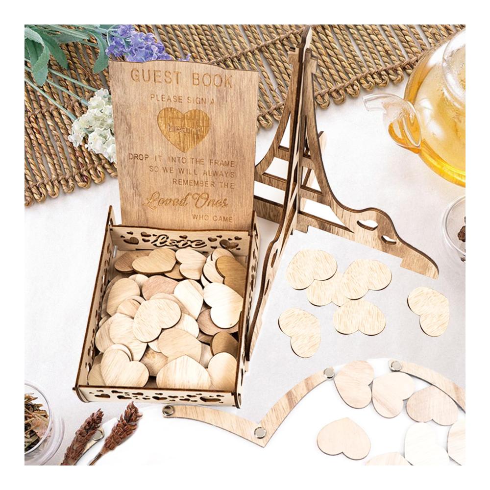 Personalisiertes Hochzeits Gästebuch aus Holz mit Herzrahmen & Zubehör - Gästebuch Hochzeit mit 25 Herzballons 2x Kugelschreiber & Aufbewahrungsbox - Holzherzen für individuelle Gestaltung