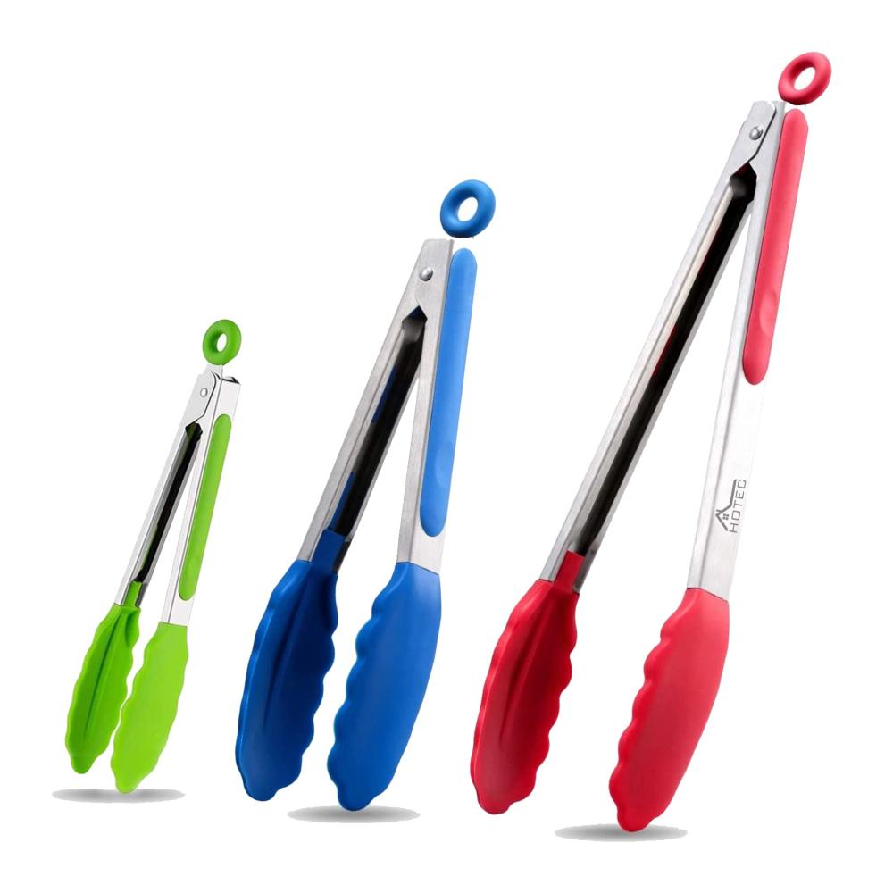 HOTEC Premium Zangen-Set aus Edelstahl mit Silikonspitzen - Ideal für Küche und Grill - 3-teiliges Grillzangen-Set in den Größen 18cm 23cm und 305