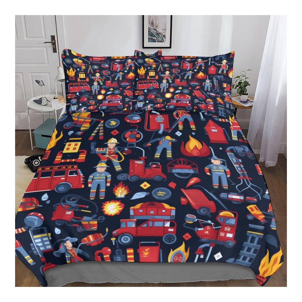 3D Gedrucktes Feuerwehrauto Bettwäsche-Set | Kinder Mädchen Jungen | Weiche Microfaser | 3-teilig | Doppelt (200x200cm) | Mit Reißverschluss | Firefighting-Thema | Atmungsaktiv | Hypoallergen | Maschinenwaschbar | Perfekt für kleine Helden
