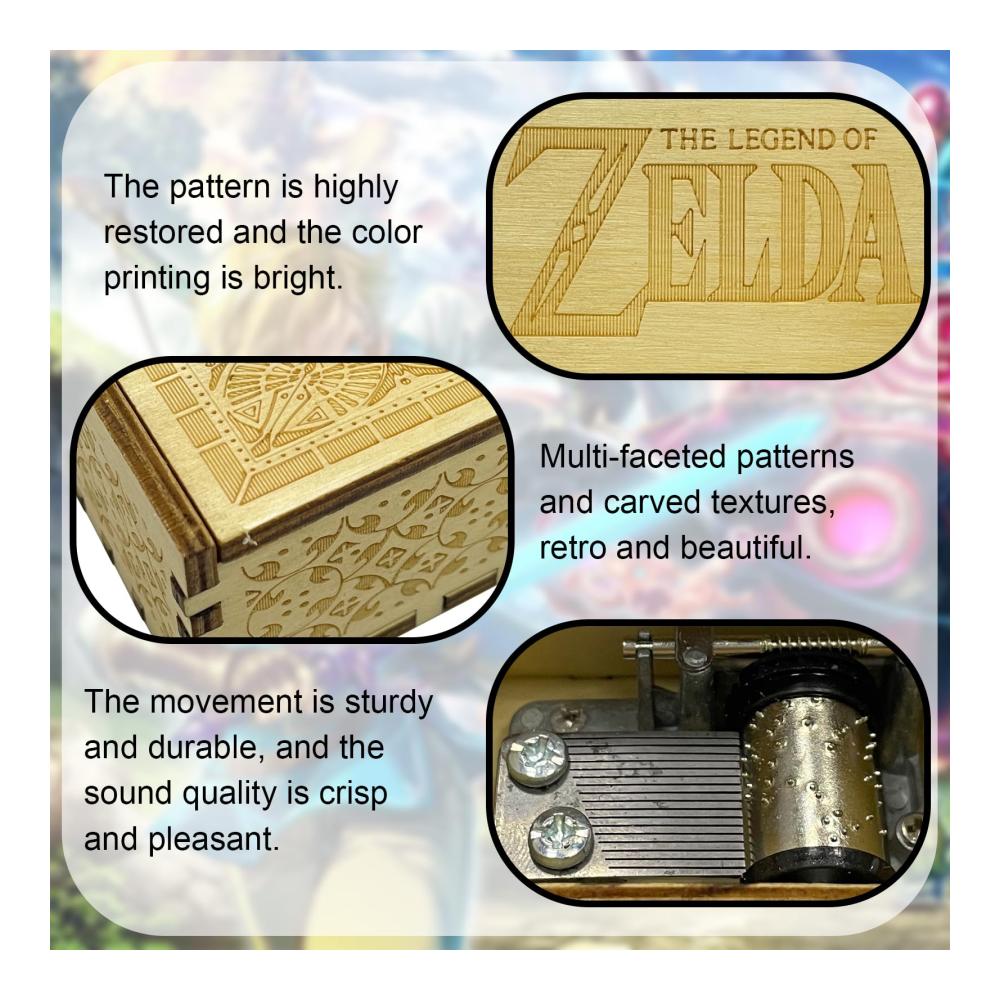 Entdecken Sie den Zauber von Zelda mit unserer handgeschnitzten Holz-Spieluhr. Genießen Sie die einzigartige Zelda-Melodie mit dieser dekorativen Musikbox für Erwachsene. Handkurbeln Sie die hölzernen Musikboxen für einen nostalgischen Klang. Authentisch graviert mit antikem Charme ist diese Zelda-Spieluhr ein beeindruckendes Kunstwerk für Musikliebhaber. Verleihen Sie Ihrem Raum einen Hauch von Eleganz mit dieser englisch bedruckten Holz-Musikbox. Ein Must-have für alle Zelda-Fans und Liebhaber handgefertigter Musikinstrumente