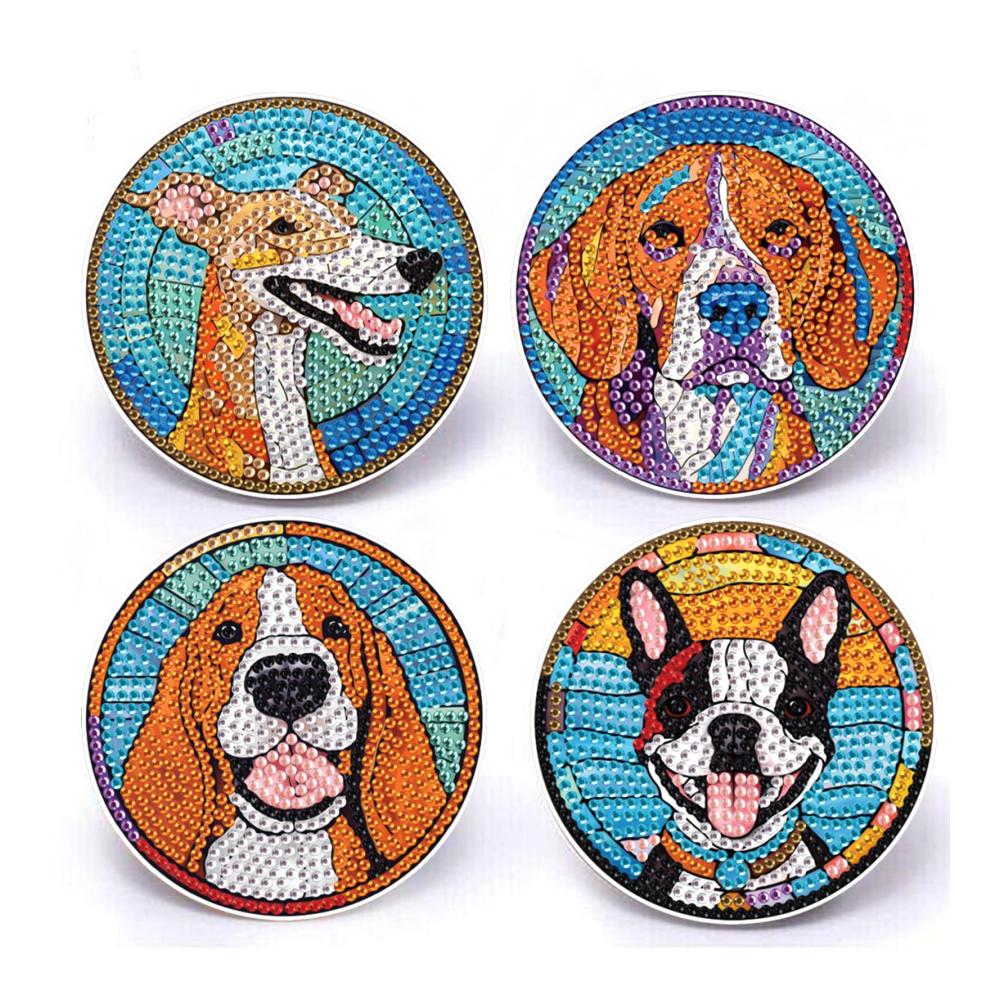 Entdecke den Glanz 4er Set Diamant Painting Untersetzer Hund | Tischuntersetzer für Kunstliebhaber | Dekorative Glasuntersetzer für stilvolle Getränke