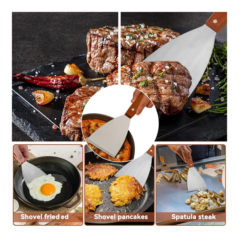 Grillspachtel Set aus Edelstahl - 3-teilig | Robuste Spachtel für Grillen Teppanyaki & Reinigung | Mit Holzgriff und Schaber | Hochwertiges Grillwerkzeug für Profis und Hobbyköche