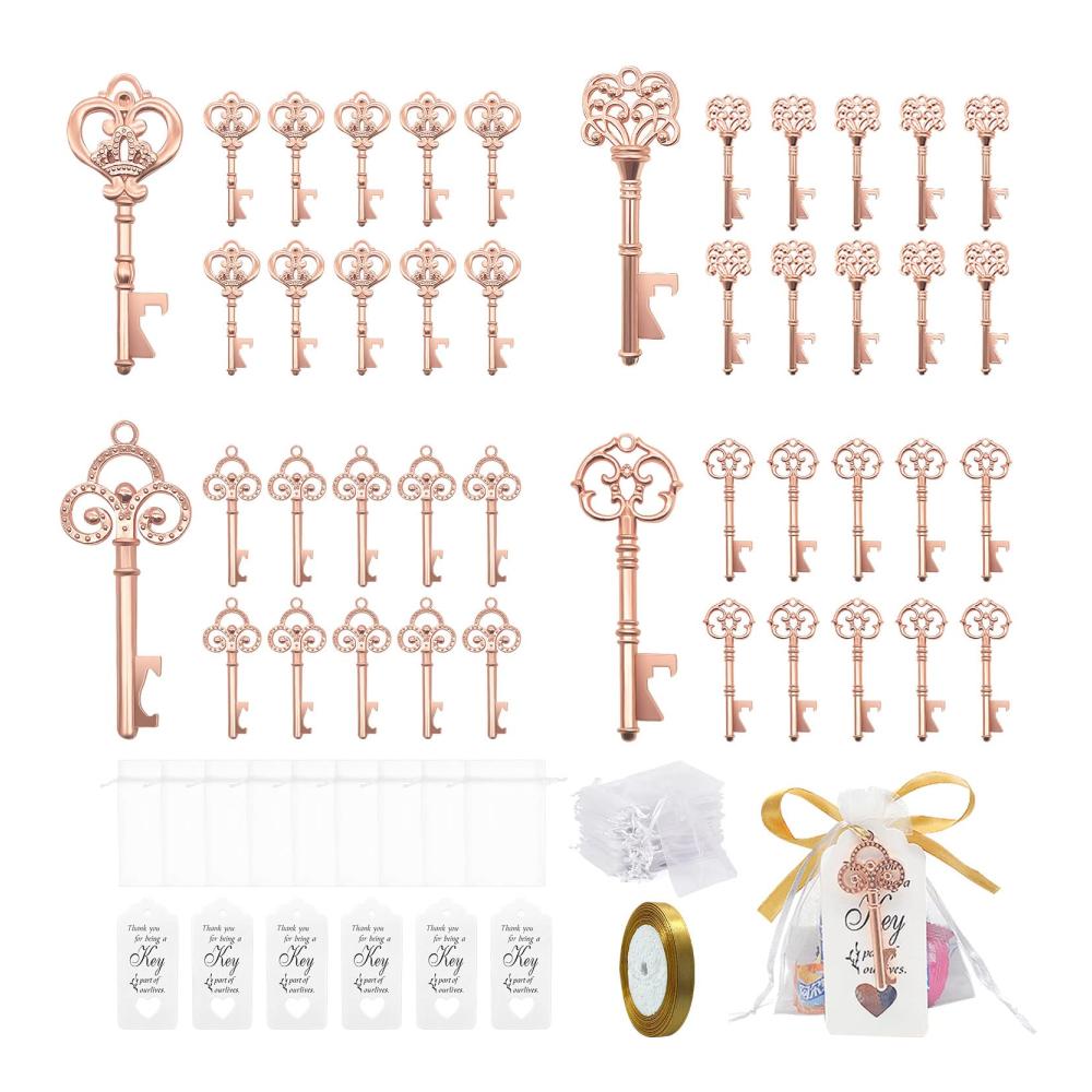 Exklusives Set 40 stilvolle Roségold Schlüssel Flaschenöffner mit Geschenkanhängern in transparenter Tasche - Perfektes Partyzubehör für Hochzeiten und Veranstaltungen Antik-Rustikale Dekoration für unvergessliche Feiern