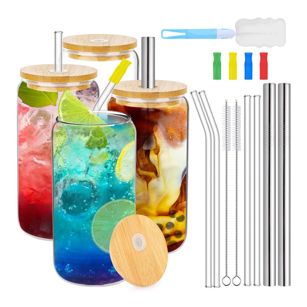 4er Set Gläser mit Deckel & Strohhalm für Kaffee Tee & mehr | 500ml Bubble Tea Becher | Cocktail Eiskaffee Limonade & mehr | Wiederverwendbare Trinkgläser mit Stil