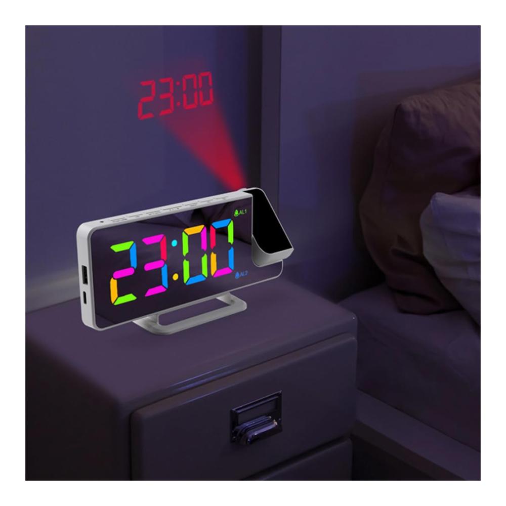 Erweiterter Projektionswecker 18 cm (73 Zoll) LED-Spiegelbildschirm 180° drehbar USB-Port Schlummerfunktion 6 Helligkeitsstufen. Moderne Digitaluhr für den Nach