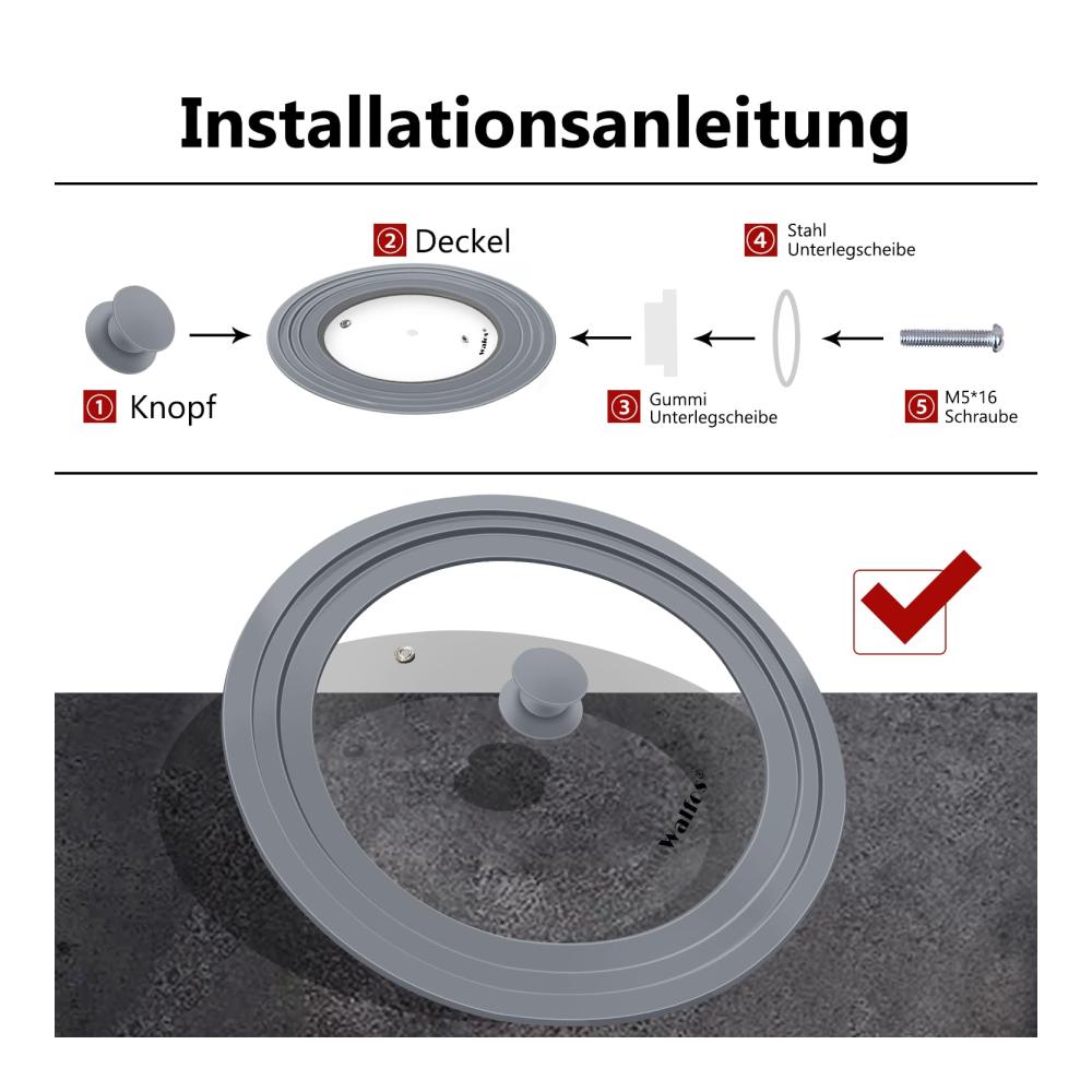 Hochwertiger Universaldeckel Ø 32/30/28 cm | Hitzebeständiger Glasdeckel für Töpfe und Pfannen | Mit abgestuftem Silikonrand | Grau | Deckel für Kochgeschirr