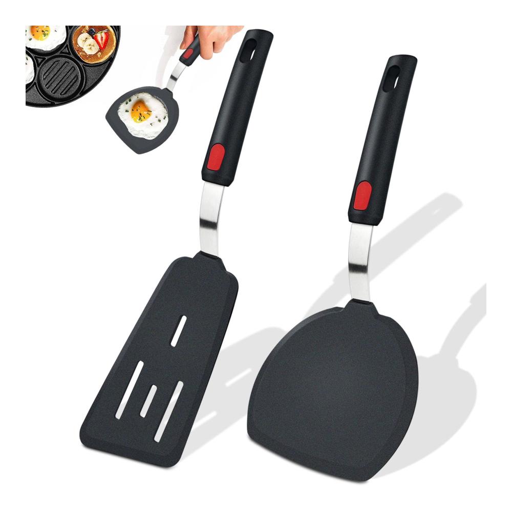 2er Set Premium Silikon Spachtel für perfekte Pfannengerichte - Ideal für Spiegeleier Pfannkuchen Fisch Burger-Patties und mehr (Schwarz) - Küchenh