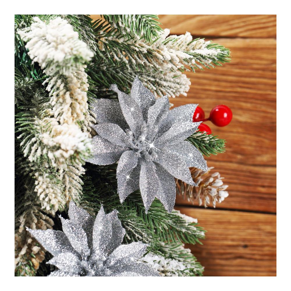 36 Stück Weihnachten Glitzer Weihnachtsstern Blumen Magnolie - Künstliche Silber Blumen Ornamente mit Clips für Weihnachtsbaum & Kranzdekoration - Festlicher Schmuck für die Feiertage