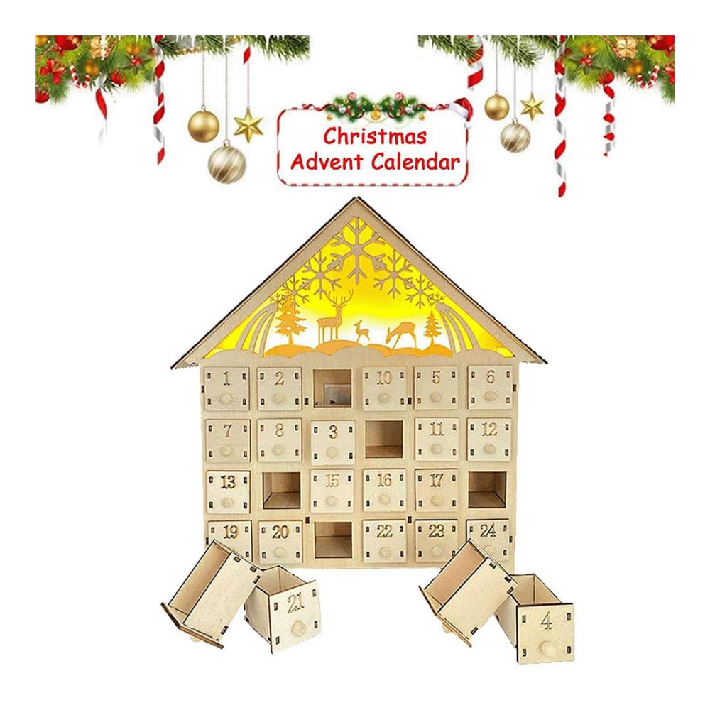 Dekorativer Adventskalender Holzhaus mit LED-Lichtern & 24 Aufbewahrungsschubladen | Weihnachtsdekorationen 2024 inklusive | Xmas-Haus