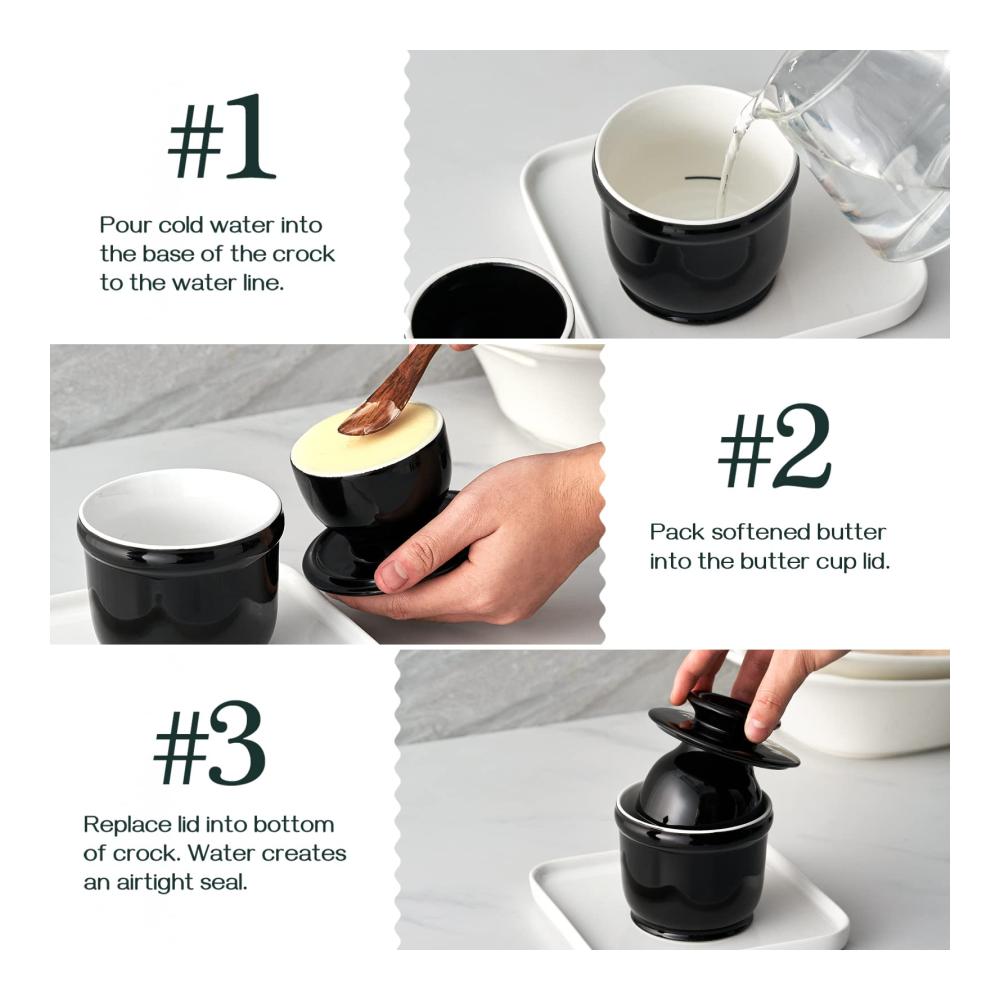 Butterdose Porzellan 180ml | Französische Butterdose mit Wasserlinie | Wassergekühlt | Runder Behälter für frische Butter | Schwarz | Premium Aufbewahrung für Butterliebhaber