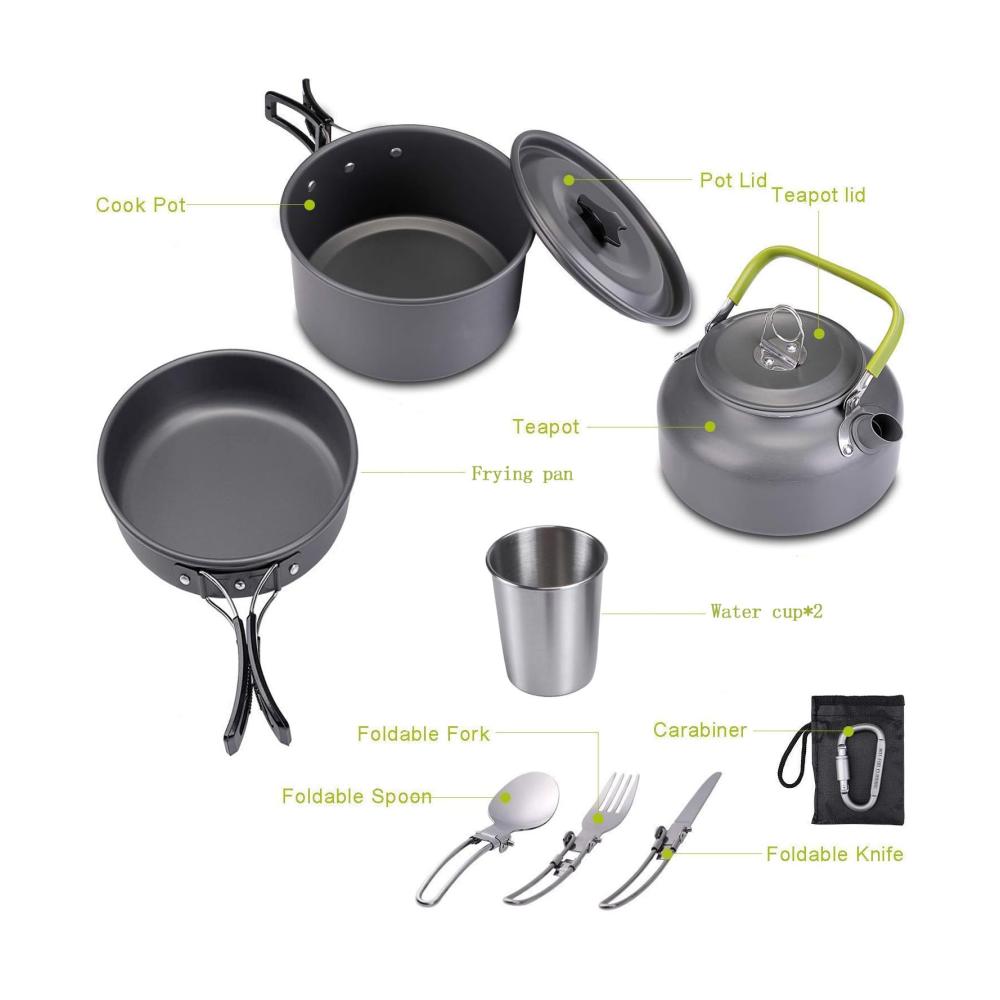 Entdecken Sie die Magie des Kochens unter freiem Himmel mit unserem Camping Kochgeschirr-Set! Praktisches Camping Besteck inklusive. Unverzichtbar für Outdoor-Abenteuer. Topf- und Pfannenset für ultimatives Campingerlebnis (B-Schwarz