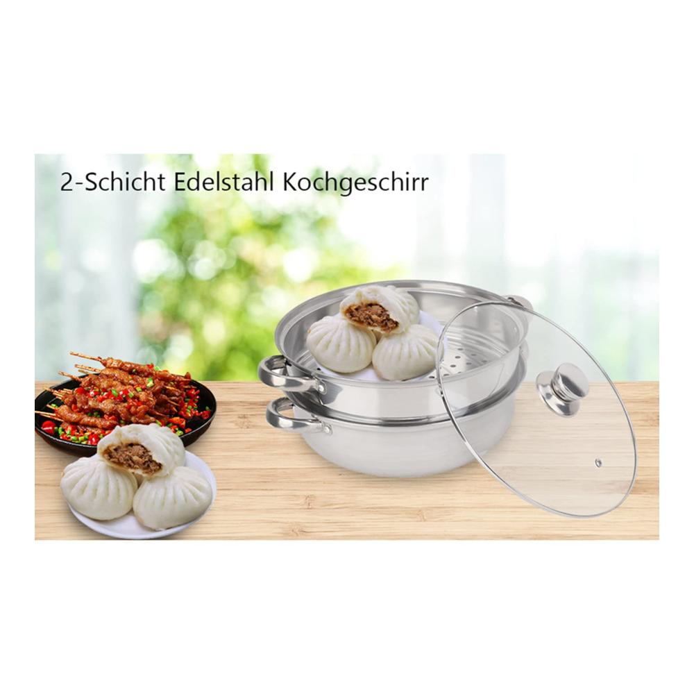2-lagiger Dampfgarer aus Edelstahl 27 cm - Doppelkessel Kochgeschirr mit Glasdeckel - Suppen-Dampftopf für Gas- und Elektroherde - Gesundes Kochen leicht gemacht