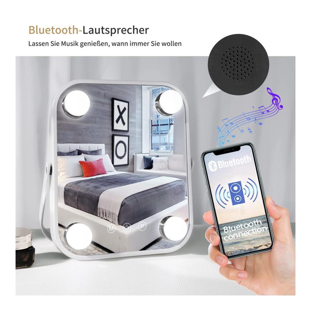 LED Tischspiegel mit Bluetooth Touch-Steuerung & 360° Drehung - Schminkspiegel mit 4 verstellbaren LED-Leuchten und 3 Farblichtoptionen - Kompakter 22 x 25 cm Kosmetikspiegel für perfektes Make-up