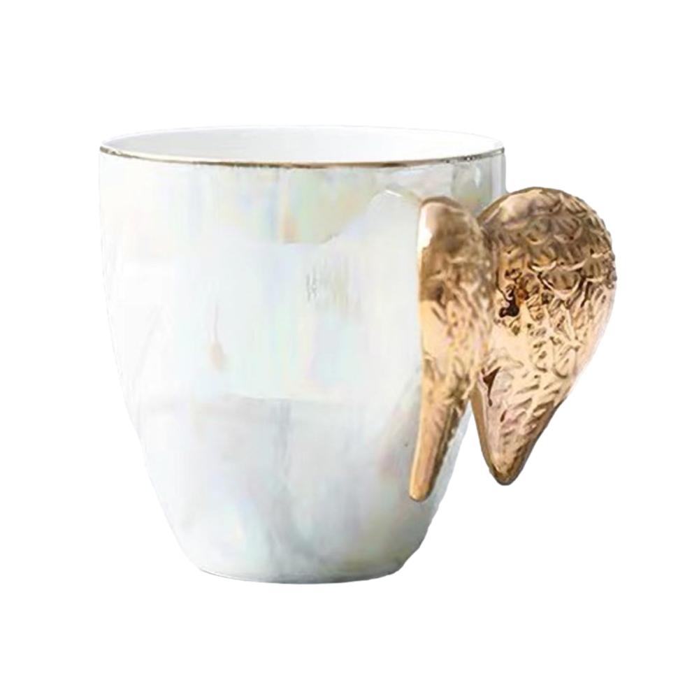 Engelsflügel Kaffeetasse – Keramikbecher mit goldenem geflügeltem Engel Henkel in Engelsflügelform 200 ml perlistisches Porzellan Glückstasse für Kaffeeliebhaber