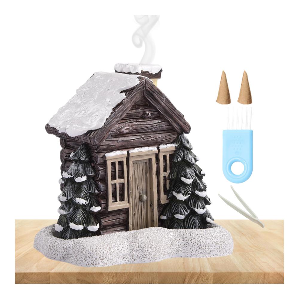 Entdecken Sie die Magie des Winterzaubers mit unserem Log Cabin Incense Burner | Authentischer Räucherstäbchenhalter für Blockhütten | Romantischer Räucherkegelbrenner mit Schornsteinornament | Inklusive 2 verschneiten Winterkegeln | Stimmungsvolle Raumdekoration