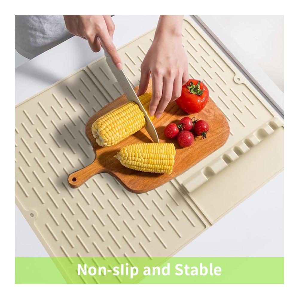 Abtropfhalter & -ständer Faltbare Silikon Abtropfmatte 47x34cm Beige - Hitzebeständige Trocknungsmatte für Tisch & Küchenutensilien - Besteck