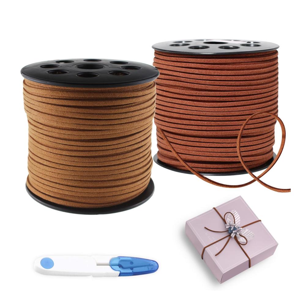 Entdecken Sie kreative Möglichkeiten mit unseren 2 Rollen Lederband (90m) - Hochwertige Lederschnüre in Braun & Rotbraun für DIY Armbänder Halsketten und Handwerksprojekte. Perfektes Veloursleder Band und Faden für einzigartigen Schmuck