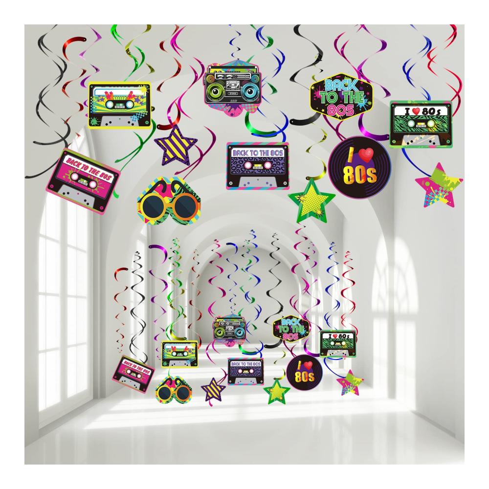 30 Stück 80er Party Dekorationen Luftschlangen für Zurück zur 80er Party Thema Zubehör | Bunte Hängende Wirbel Folie Doppel Spirale Hip Hop Schild | Retro 1980er Party Deko