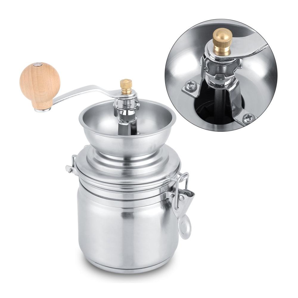 Manuelle Kaffeemühle aus Edelstahl - Vielseitige Handkurbelmühle für Kaffee Gewürze & Nüsse Ideal für Büro & Café Robust & Tragbar Perfektes Barista-Tool in Silber