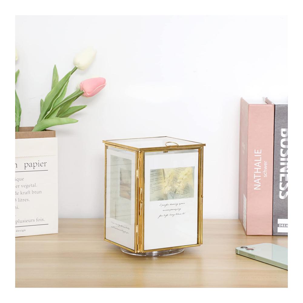 Goldener Glaswürfel Botanische Probe Fotorahmen Ewige Blume Probe Box mit 360 Grad drehbaren Basis Foto Kosmetik Pinsel Veranstalter 4x6inch für Wand- & Tischrahmen - Hochwertiges Design für zeitlose Erinnerungen und organisierte Schönheit
